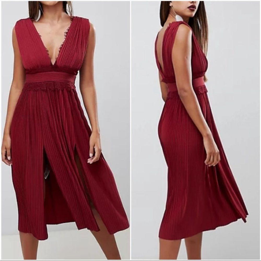 ASOS Premium Lace Insert Pleated Oxblood Colored Midi Dress-4